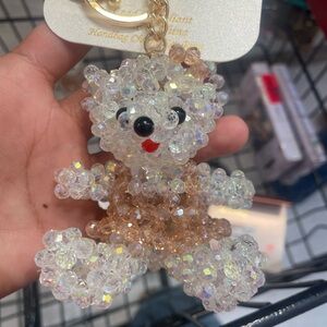 Natasha Couture Crystal Beaded Teddy Bear Keychain in Clear & Champagne